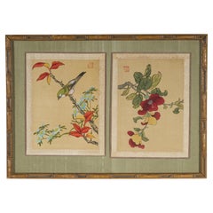 Paire d'aquarelles asiatiques chinoises Oiseaux et Fleurs, encadrées ensemble