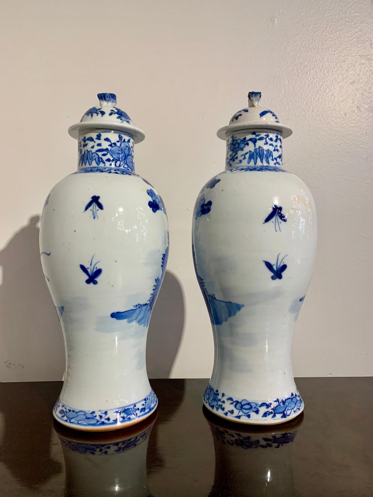 Pair Chinese Blue and White Covered Baluster Vases, Late 19th Century