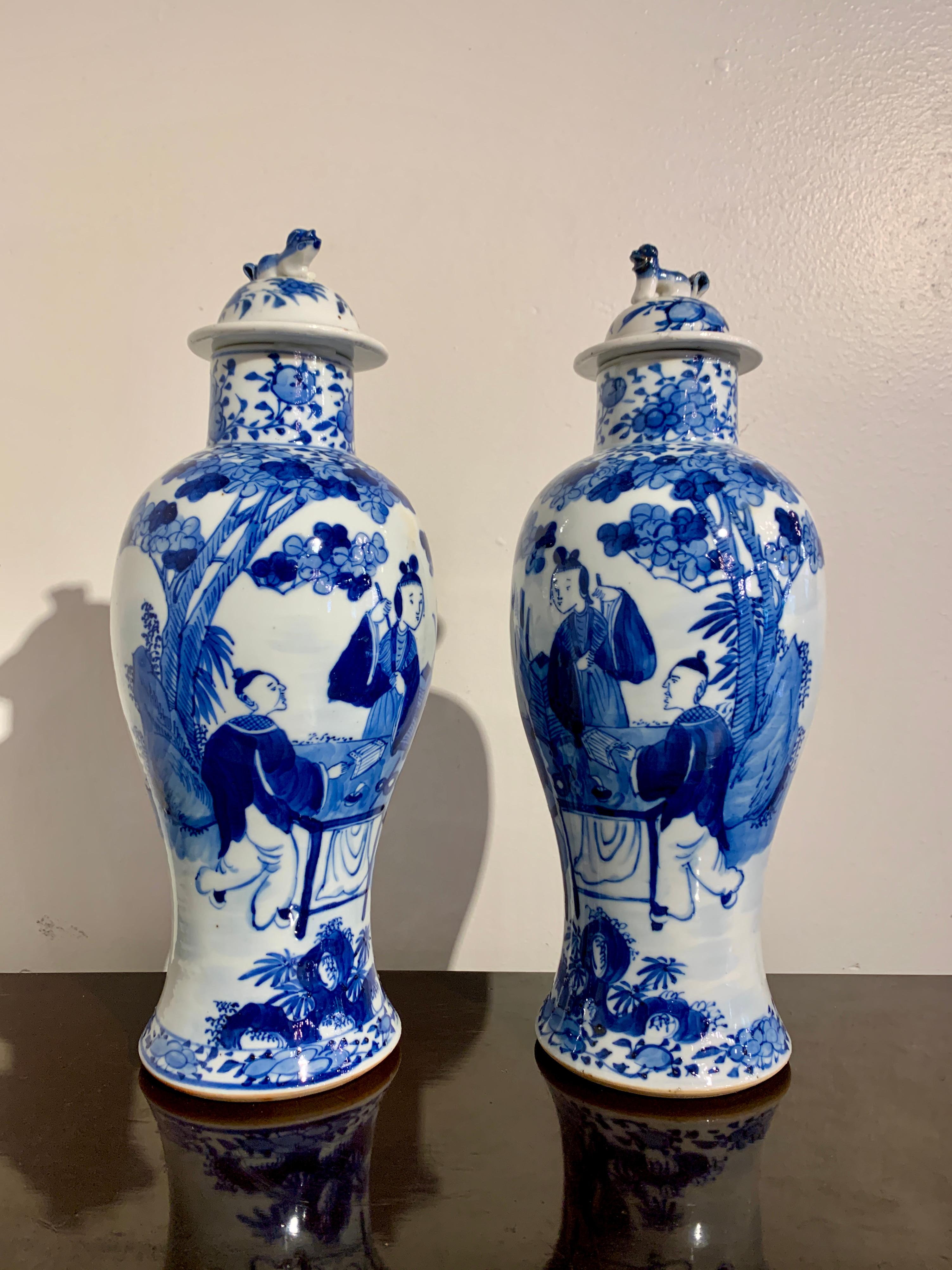 Glazed Pair Chinese Blue and White Covered Baluster Vases, Late 19th Century, China