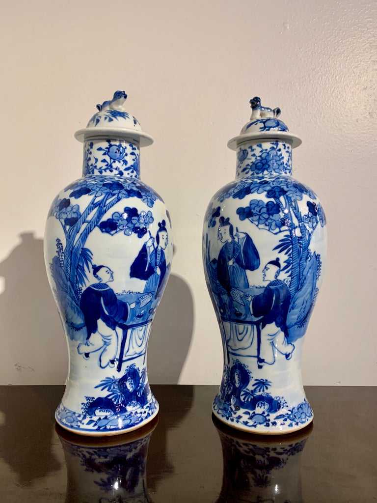 Pair Chinese Blue and White Covered Baluster Vases, Late 19th Century