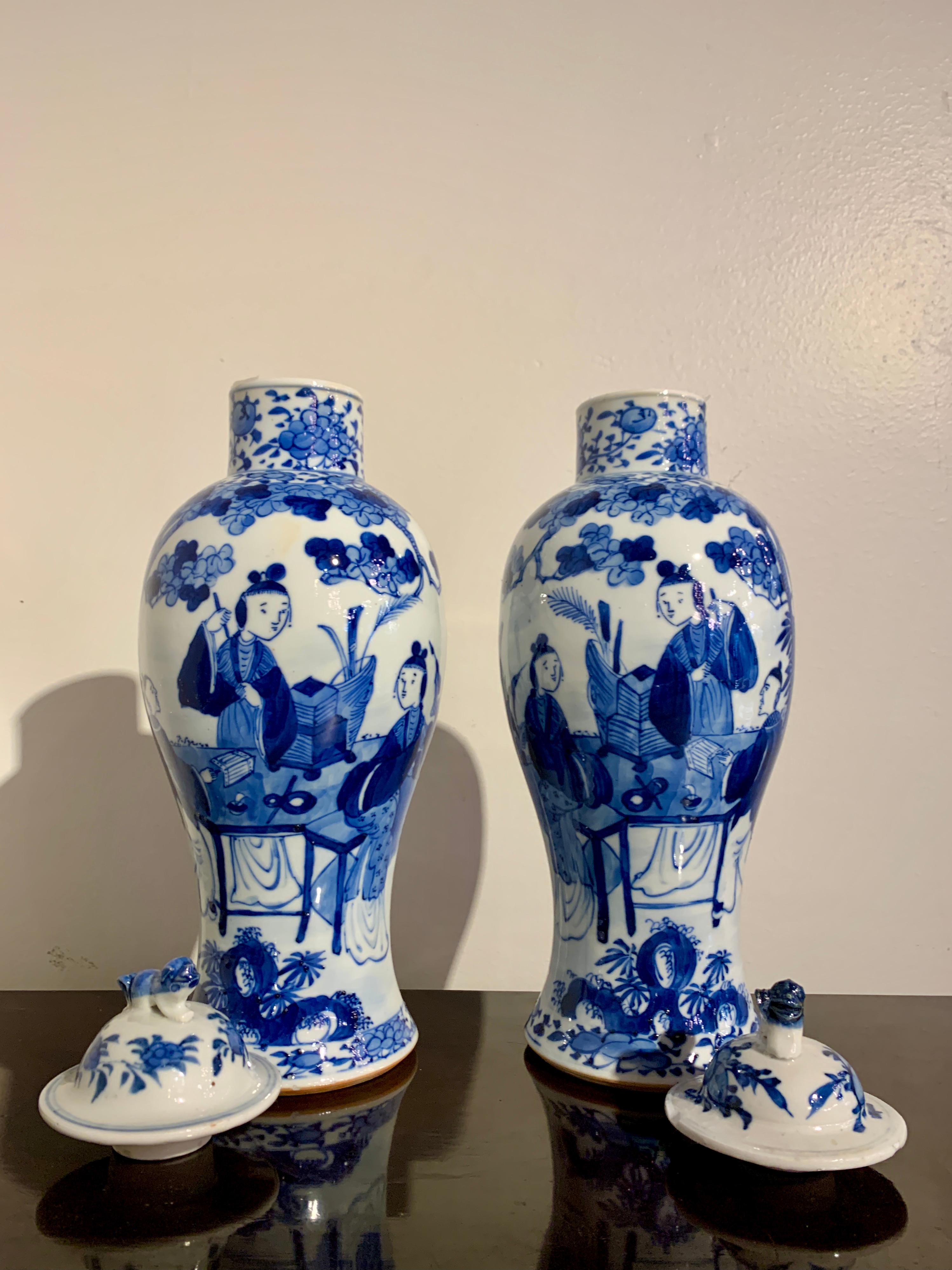Porcelain Pair Chinese Blue and White Covered Baluster Vases, Late 19th Century, China