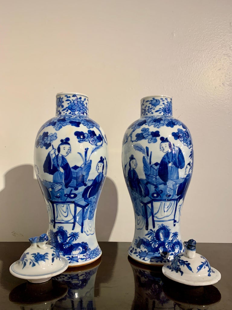 Pair Chinese Blue and White Covered Baluster Vases, Late 19th Century