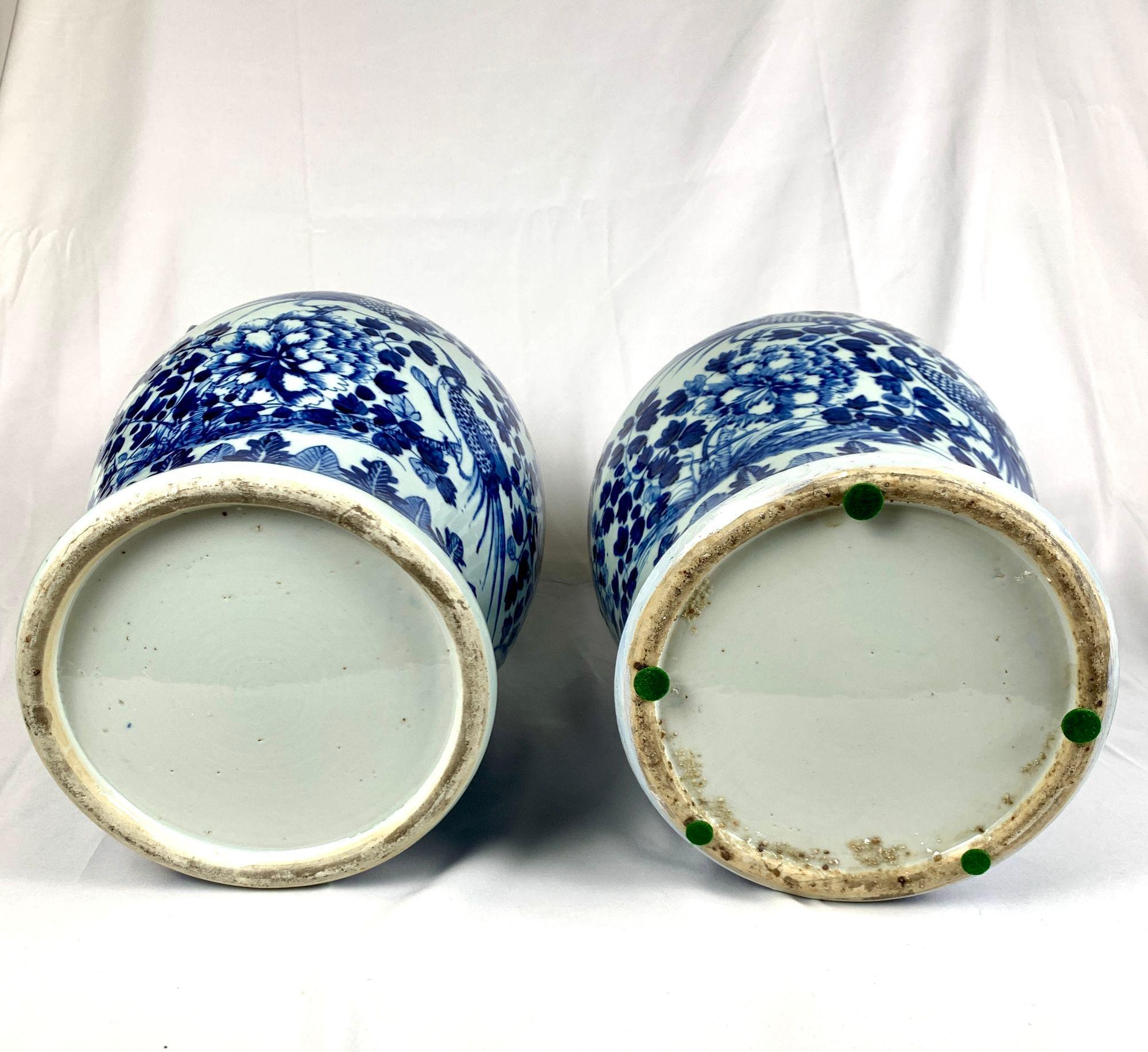 Pair Chinese Blue and White Covered Jars Hand Painted Qing Dynasty Circa 1880 For Sale 6