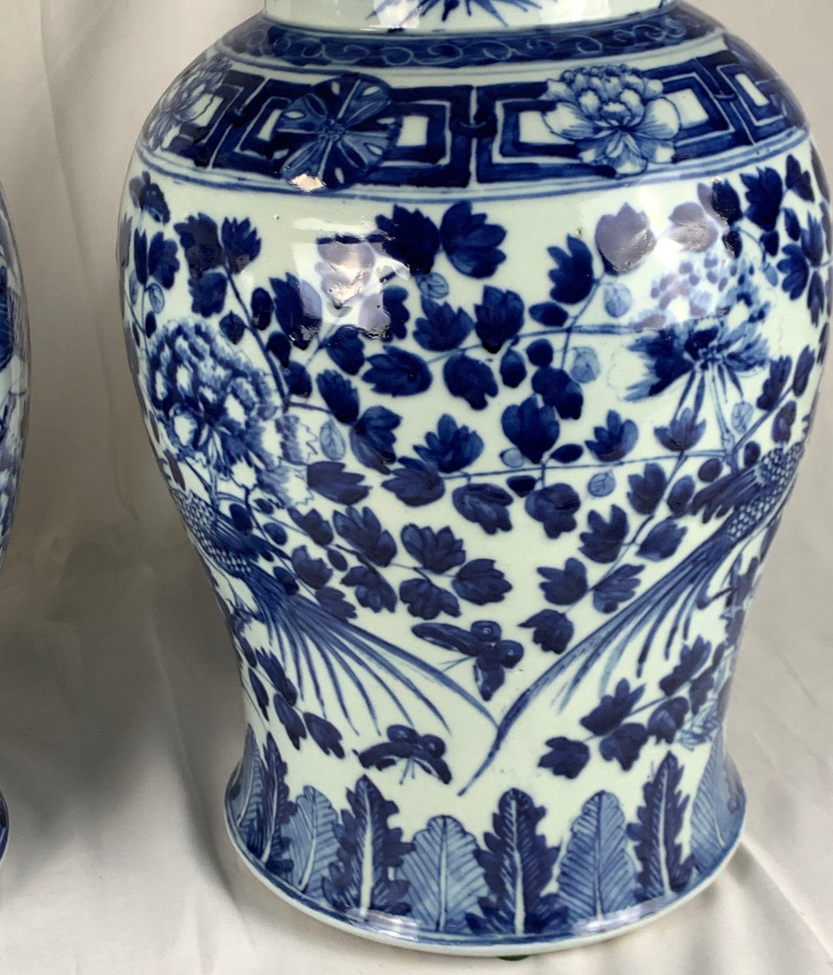Hand-Painted Pair Chinese Blue and White Covered Jars Hand Painted Qing Dynasty Circa 1880 For Sale