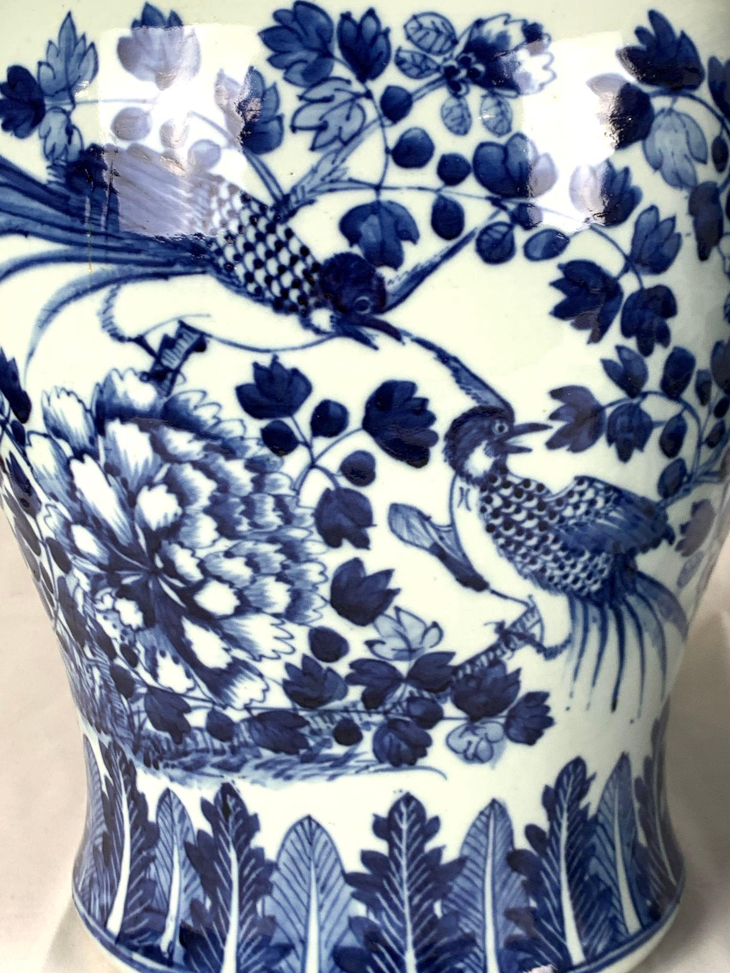 Pair Chinese Blue and White Covered Jars Hand Painted Qing Dynasty Circa 1880 In Excellent Condition For Sale In Katonah, NY