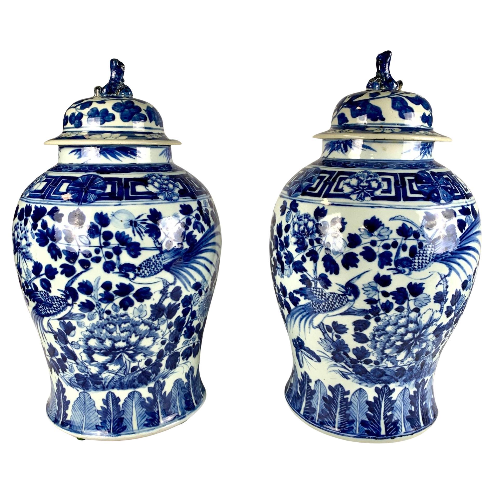 Pair Chinese Blue and White Covered Jars Hand Painted Qing Dynasty Circa 1880