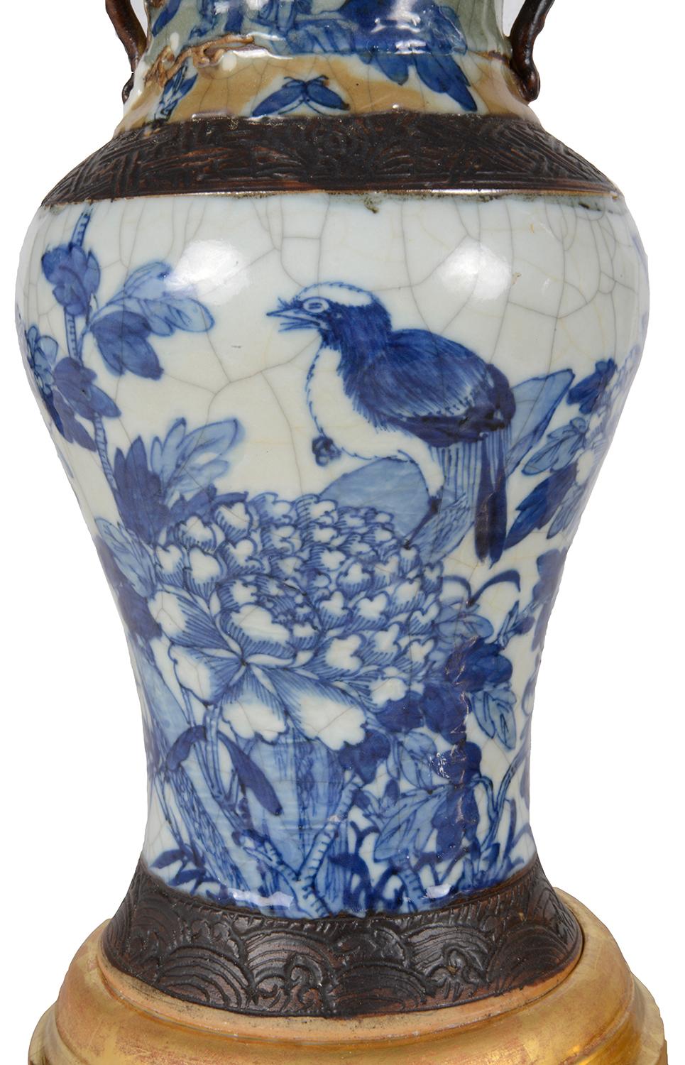 Hand-Painted Pair Chinese Blue and White Crackle Ware Lamps, 19th Century For Sale