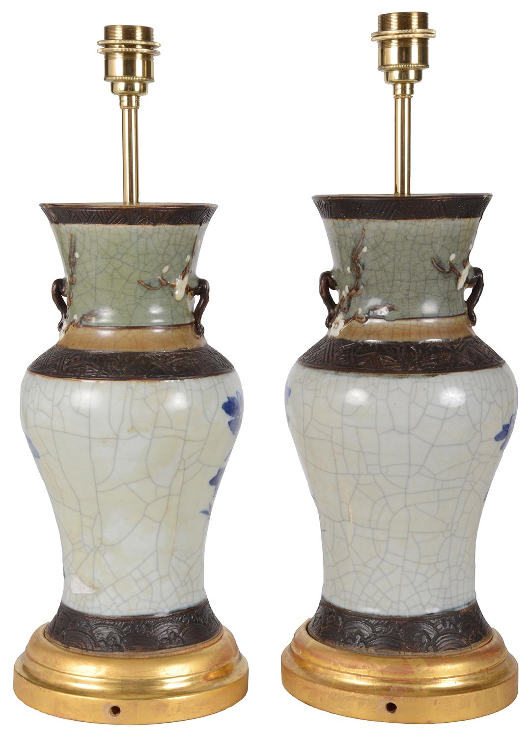Porcelain Pair Chinese Blue and White Crackle Ware Lamps, 19th Century For Sale