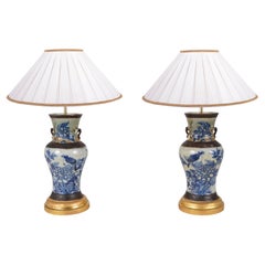 Pair Chinese Blue and White Crackle Ware Lamps, 19th Century