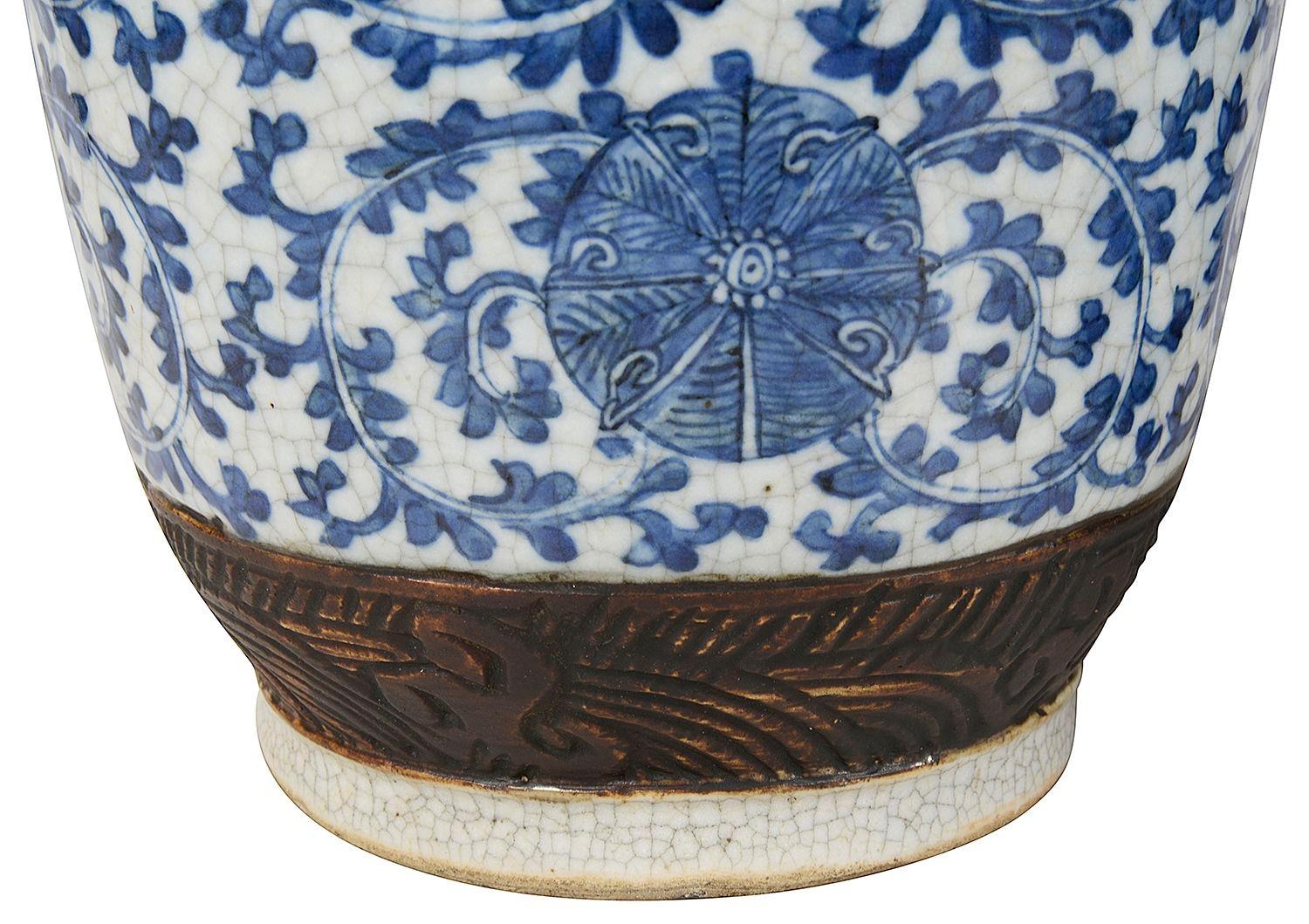 Hand-Painted Pair Chinese Blue and White crackleware vases / lamps, 19th Century. For Sale