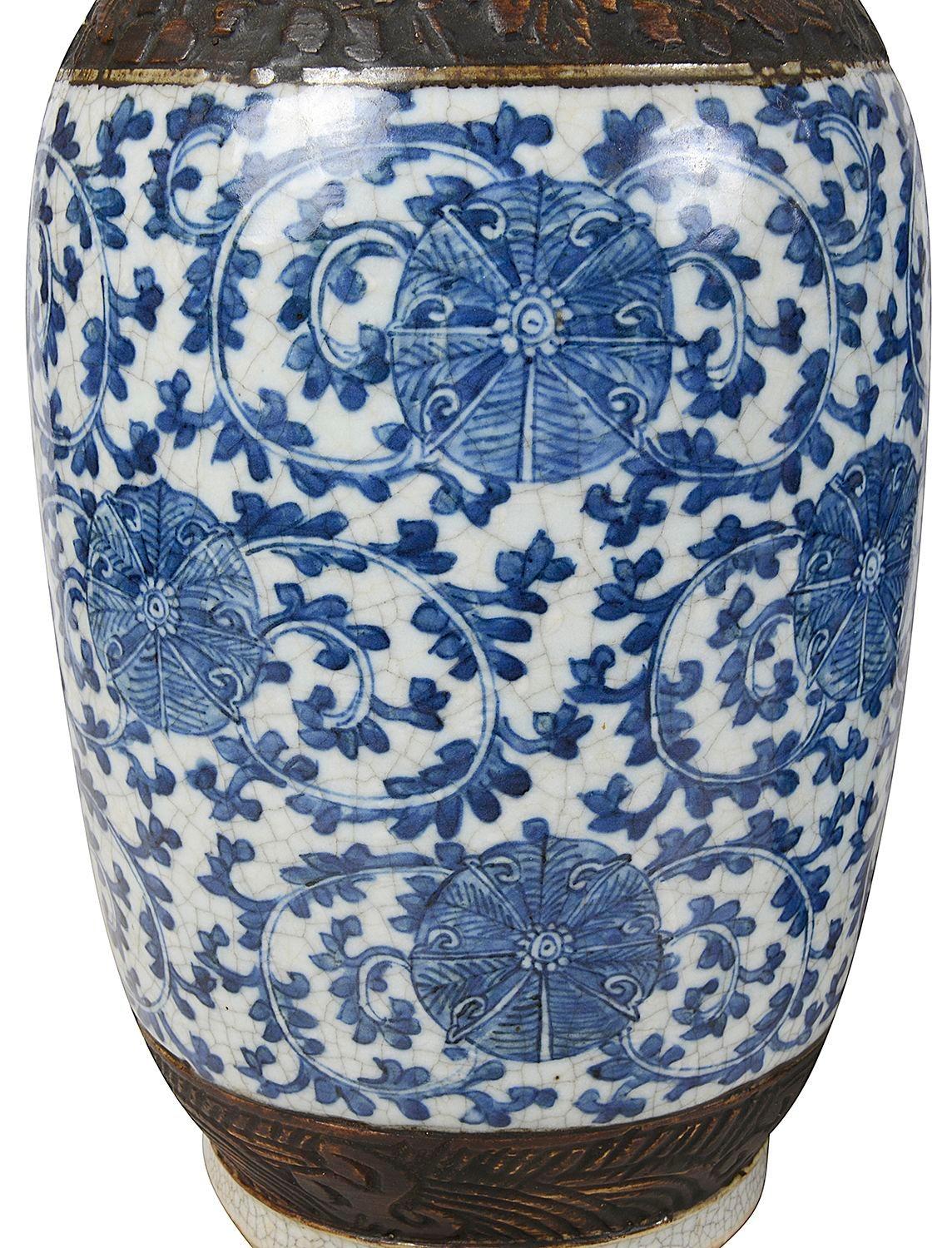 Pair Chinese Blue and White crackleware vases / lamps, 19th Century. In Good Condition For Sale In Brighton, Sussex