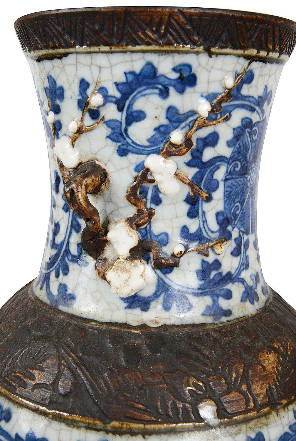 Porcelain Pair Chinese Blue and White crackleware vases / lamps, 19th Century. For Sale