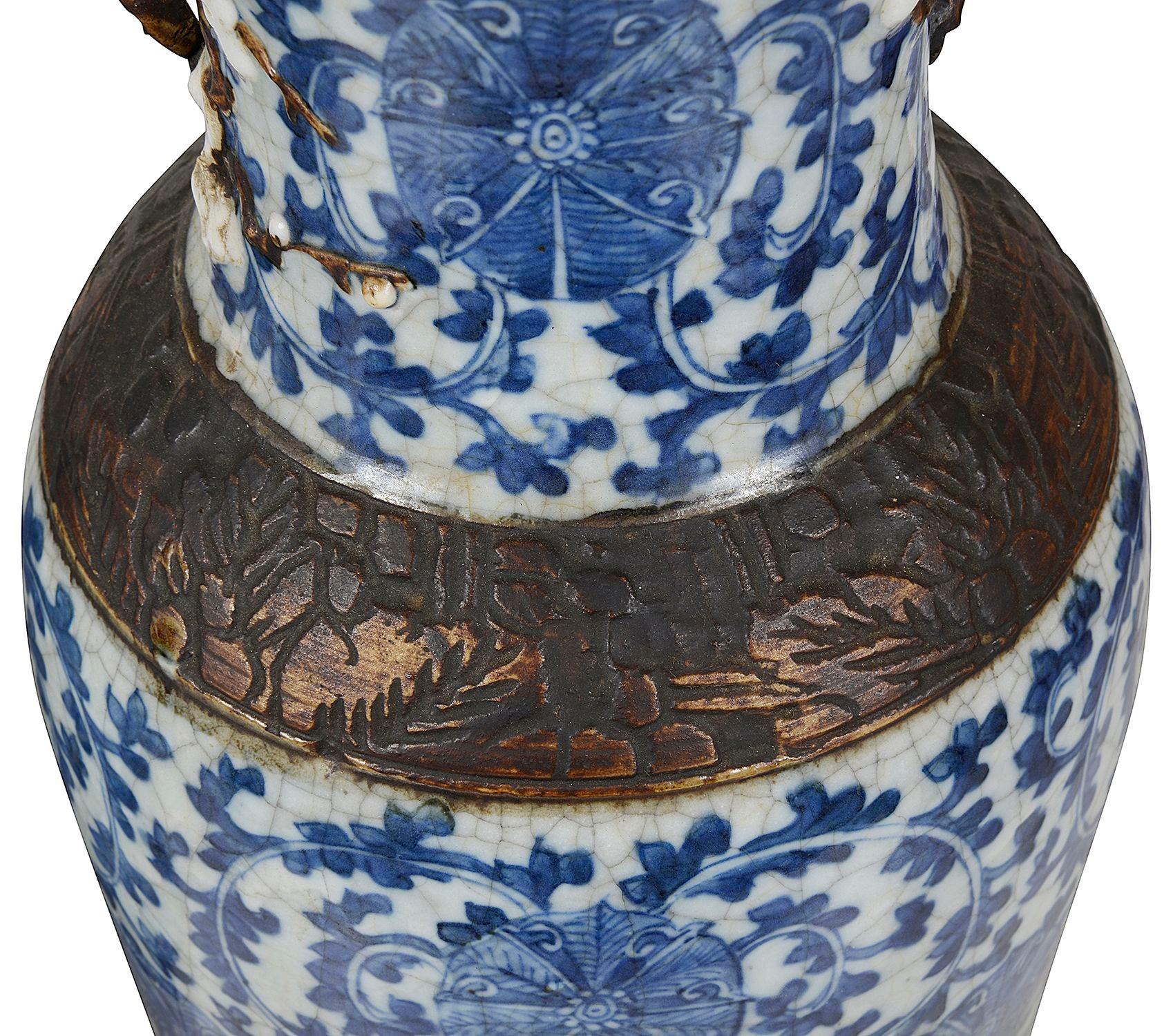 Pair Chinese Blue and White crackleware vases / lamps, 19th Century. For Sale 2