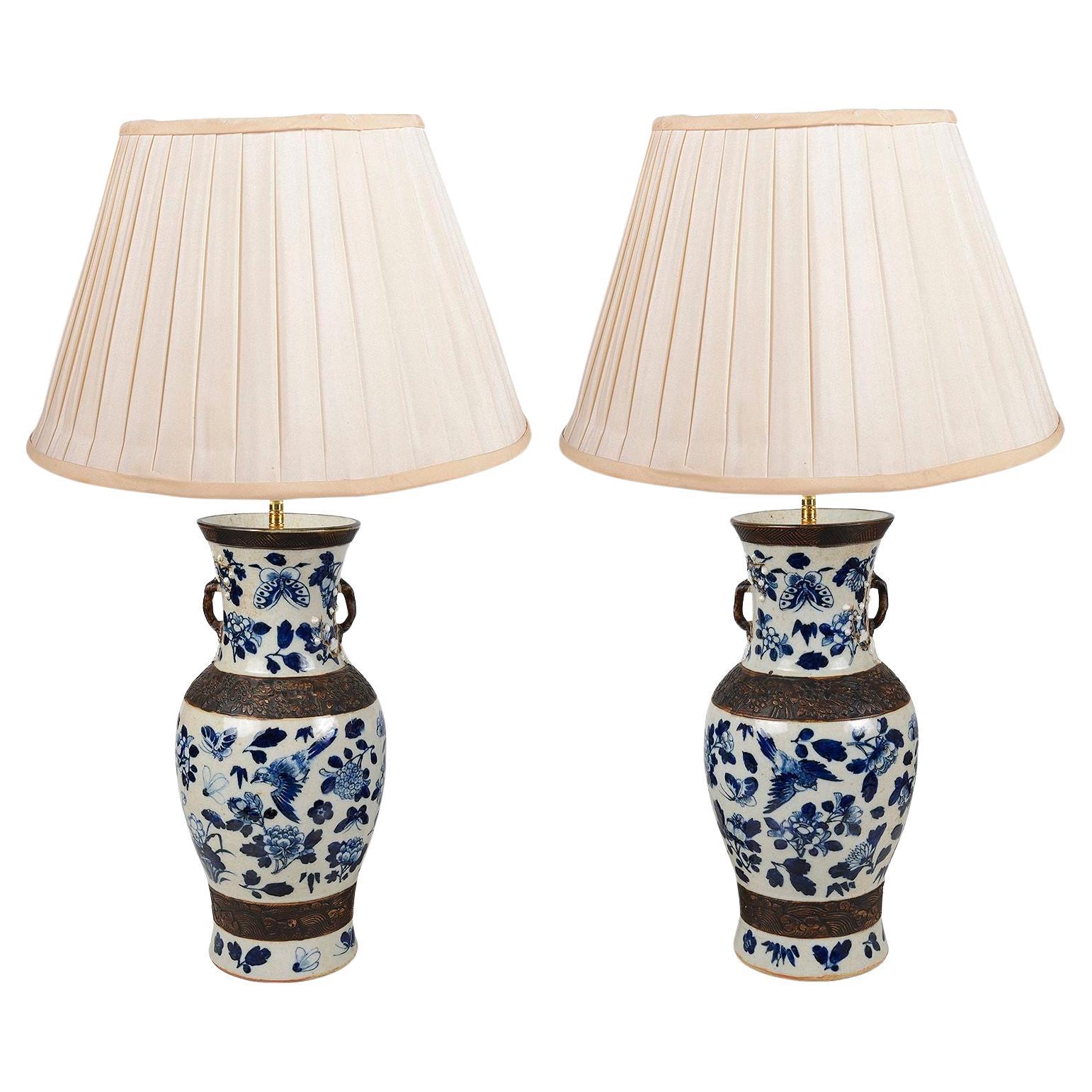 Pair Chinese blue and white crackleware vases / lamps, 19th Century
