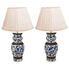 Antique Pair Chinese blue and white crackleware vases / lamps, 19th Century