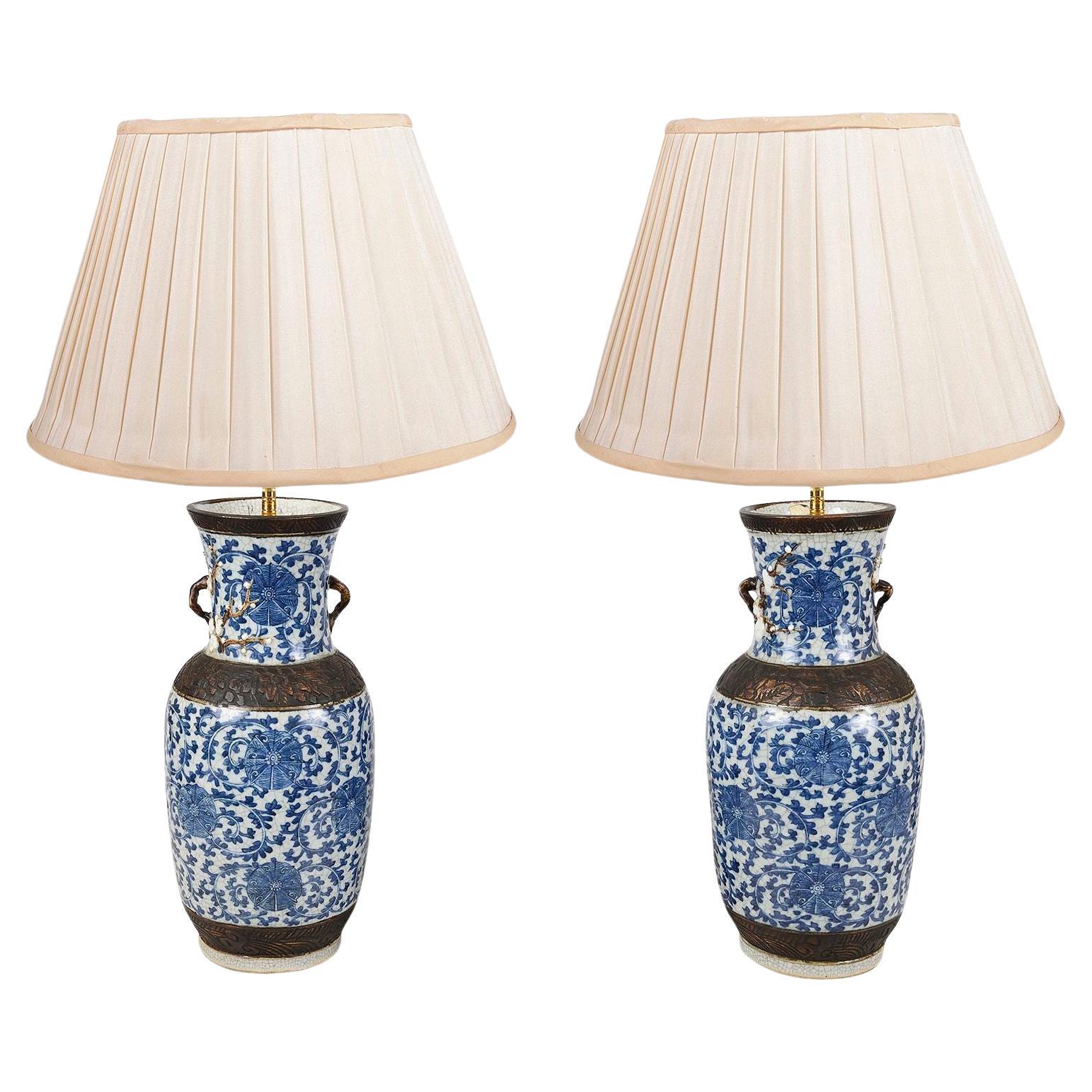 Pair Chinese Blue and White crackleware vases / lamps, 19th Century. For Sale