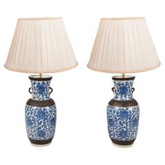 Antique Pair Chinese Blue and White crackleware vases / lamps, 19th Century.