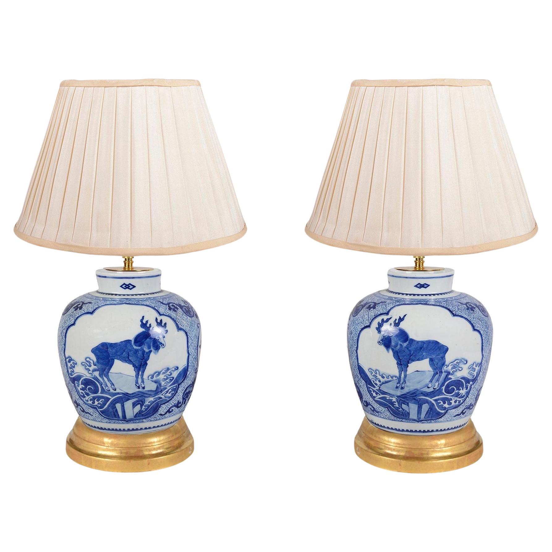 Pair Chinese blue and white Ginger jar vases / lamps, C19th. For Sale