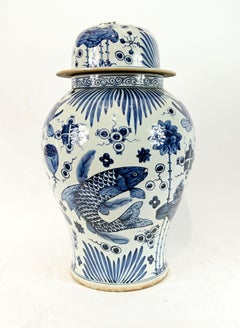 Pair Chinese Blue and White Porcelain Lidded Ginger Jars Urns Koi Fish Painted