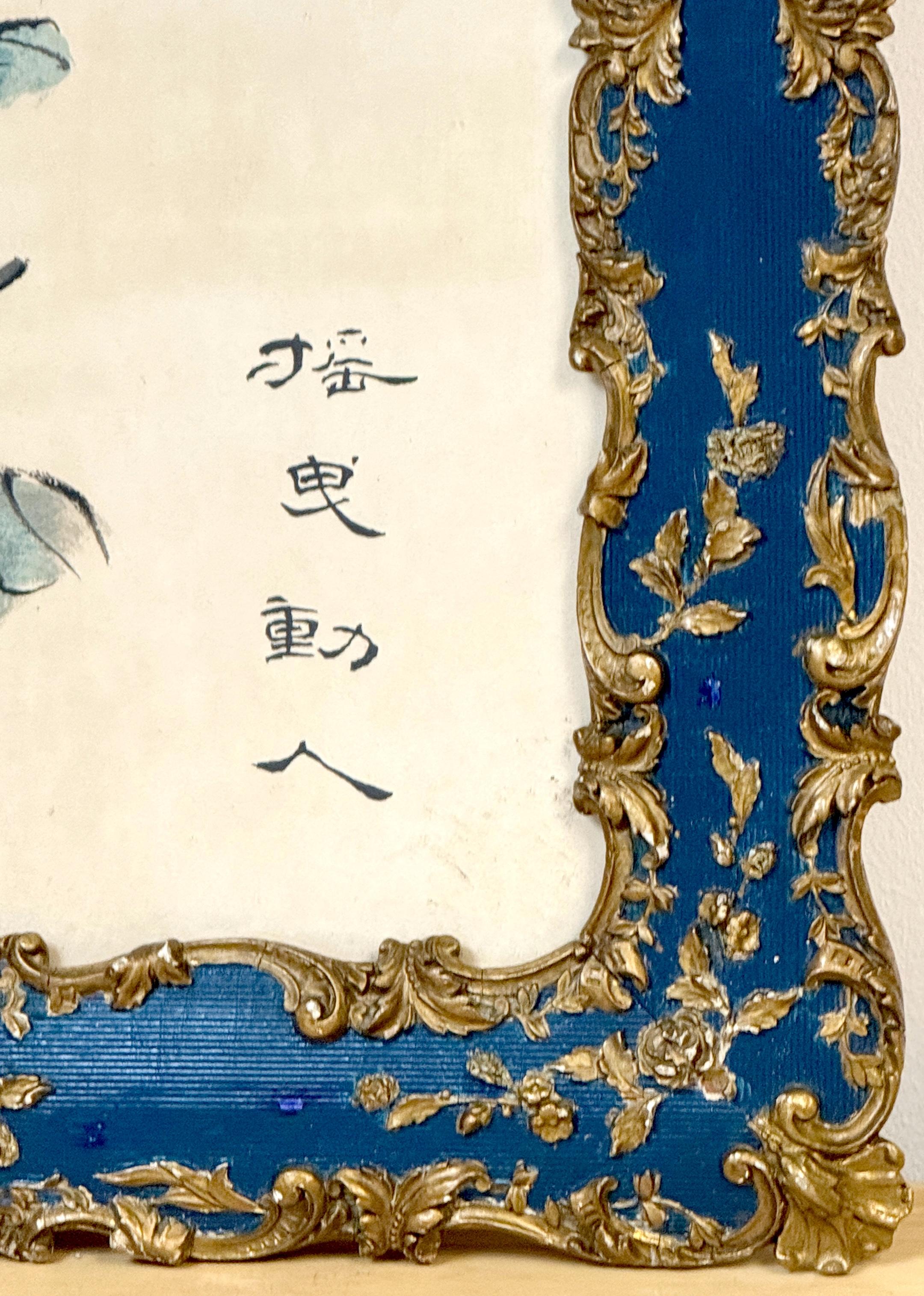 Pareja de pinturas chinas en tinta azul y aguada Peonías y granadas, Escuela Lingnan en venta 4