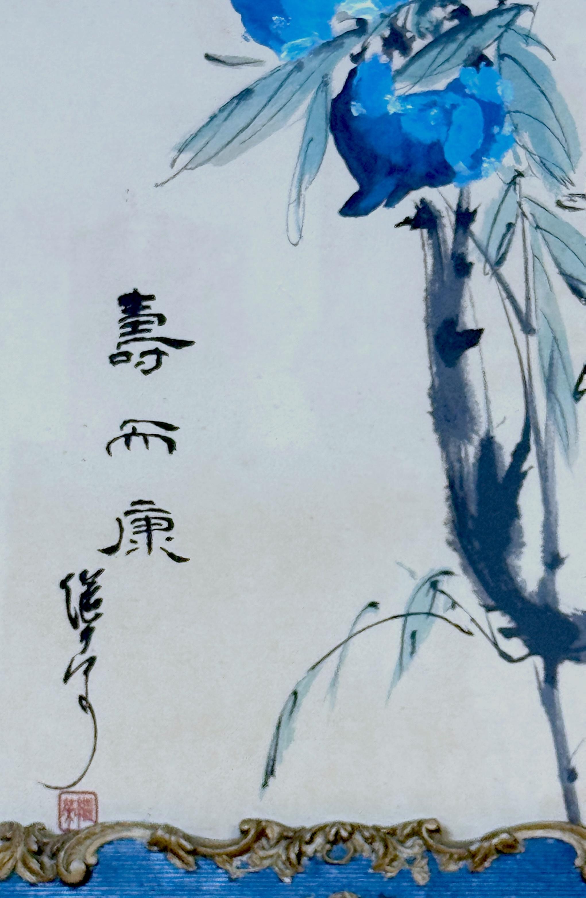 Pareja de pinturas chinas en tinta azul y aguada Peonías y granadas, Escuela Lingnan en Bueno estado para la venta en West Palm Beach, FL