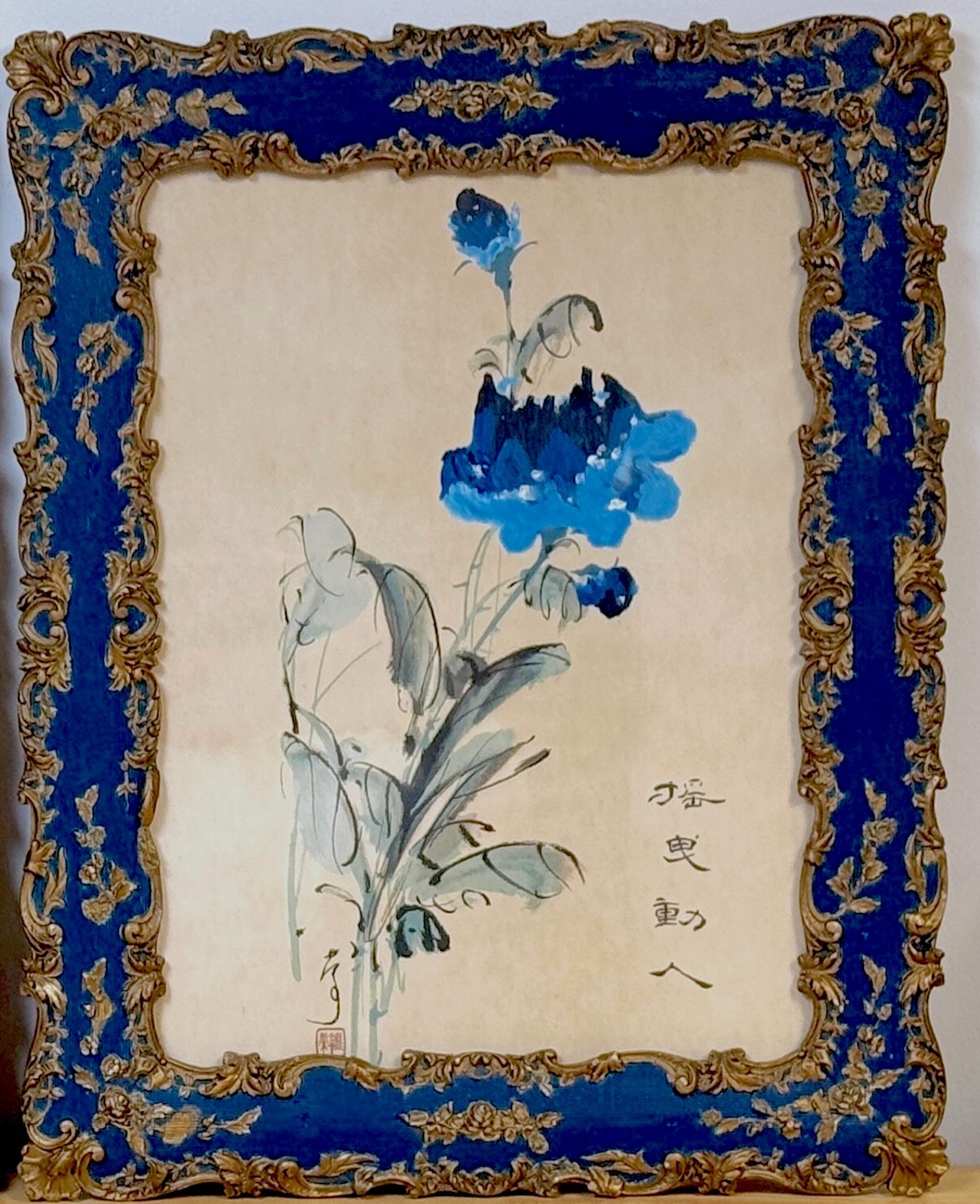 Pareja de pinturas chinas en tinta azul y aguada Peonías y granadas, Escuela Lingnan Madera en venta
