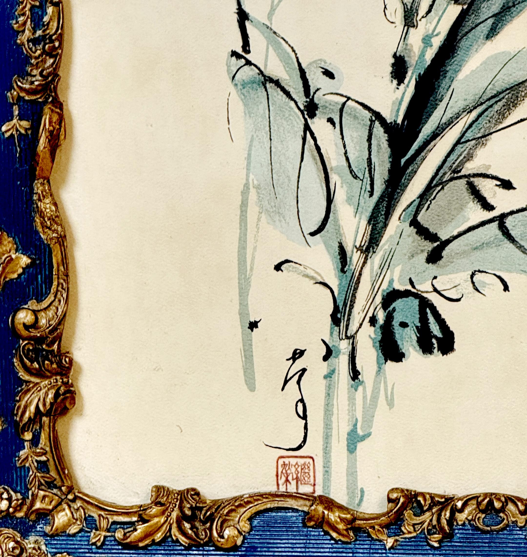 Pareja de pinturas chinas en tinta azul y aguada Peonías y granadas, Escuela Lingnan en venta 1