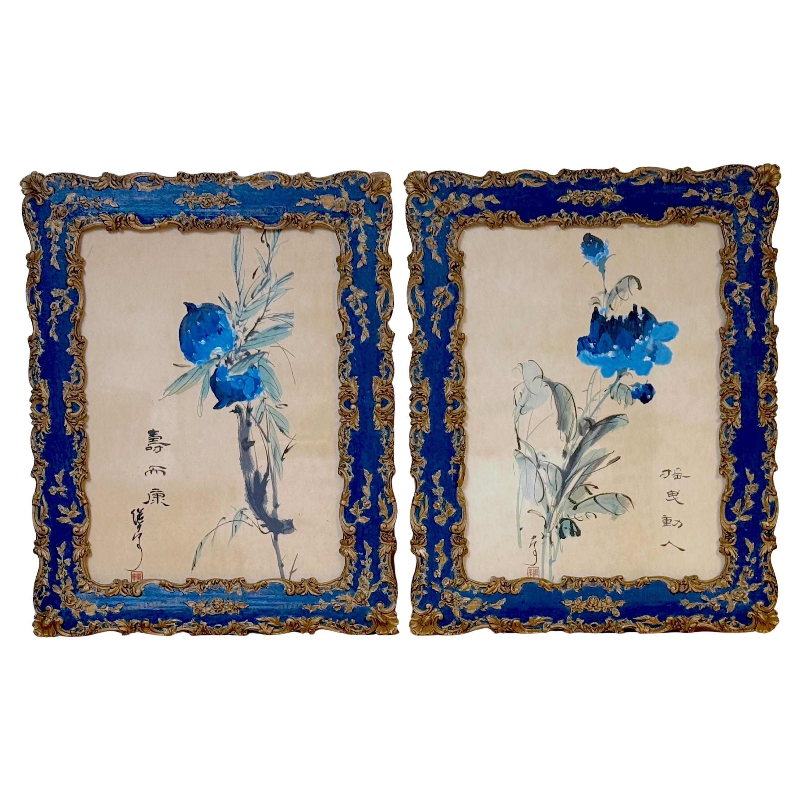 Pareja de pinturas chinas en tinta azul y aguada Peonías y granadas, Escuela Lingnan en venta