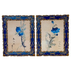 Pair Chinese Blue Ink & Wash Peonies & Pomegranates Paintings, Lingnan School