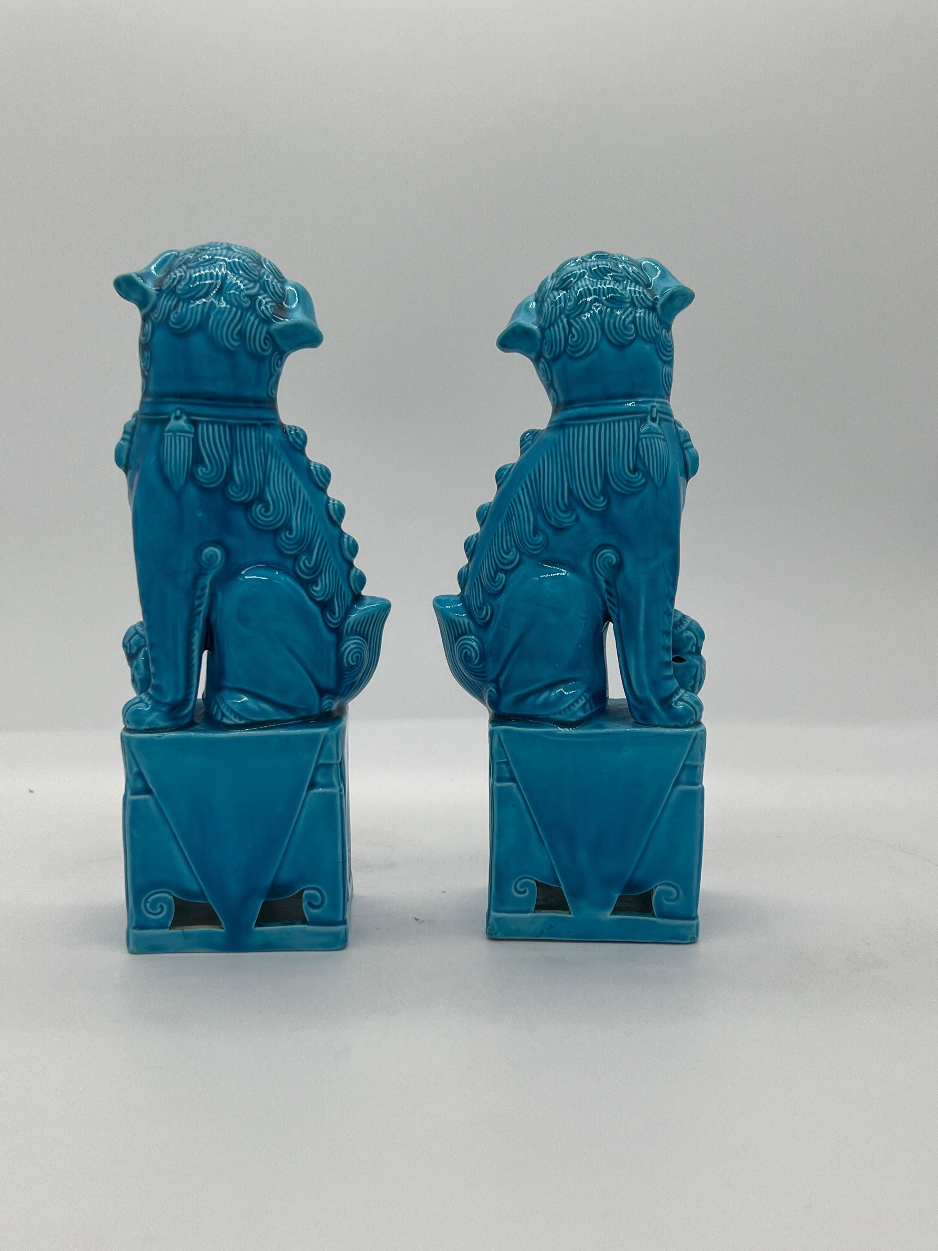 Chinoiserie Pair, Chinese Blue Turquoise Glazed Standing Ceramic Foo Dogs For Sale