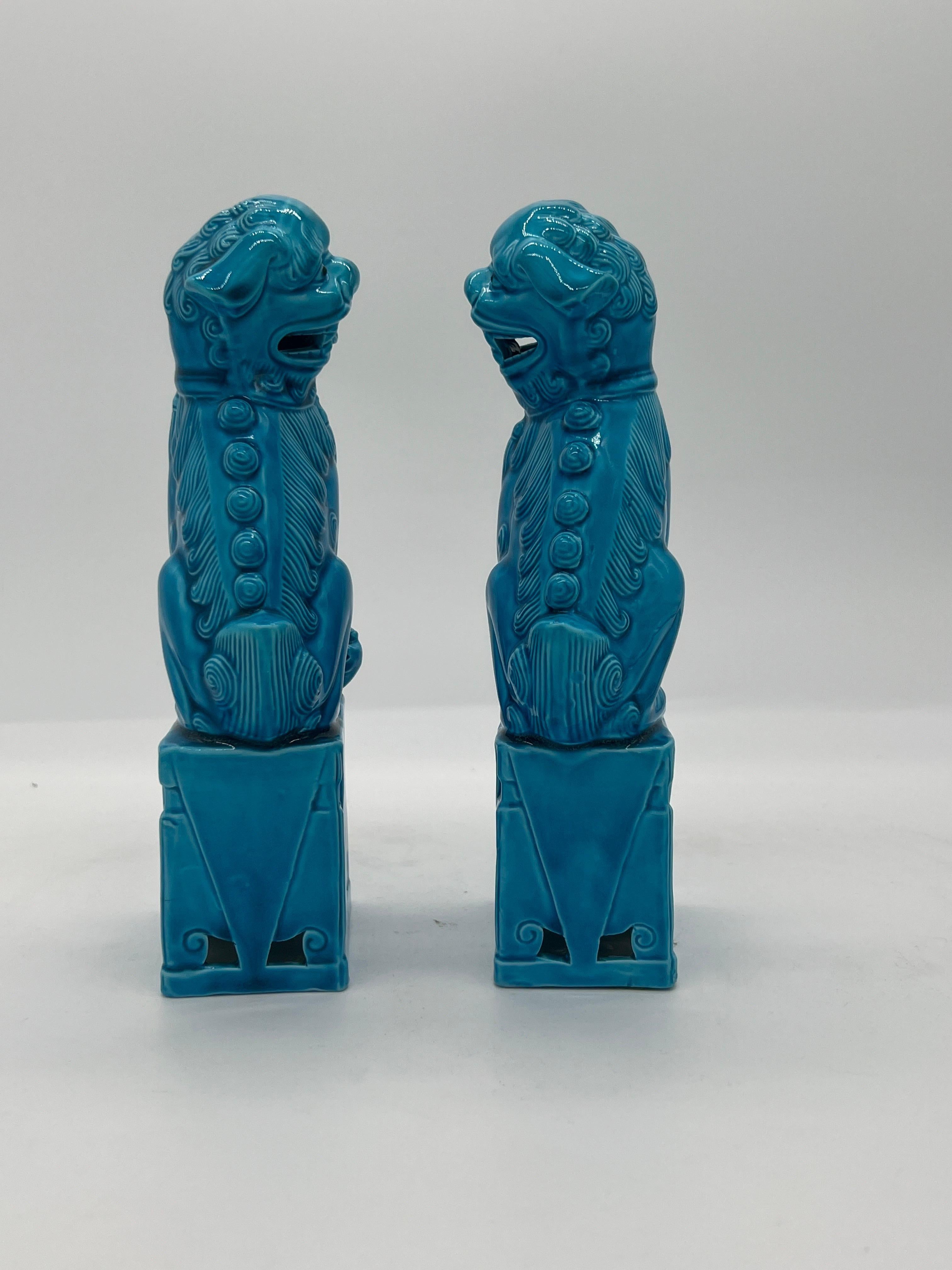 20th Century Pair, Chinese Blue Turquoise Glazed Standing Ceramic Foo Dogs For Sale