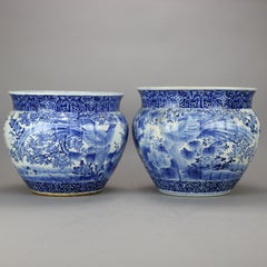 Pair Chinese Blue & White Decorated Porcelain Jardinieres, Garden Motif, 20th C