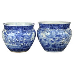 Pair Chinese Blue & White Decorated Porcelain Jardinieres, Garden Motif, 20th C