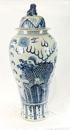 Pair Chinese Blue White Porcelain Lidded Vases Mythical Beast Dragon 4ft 109