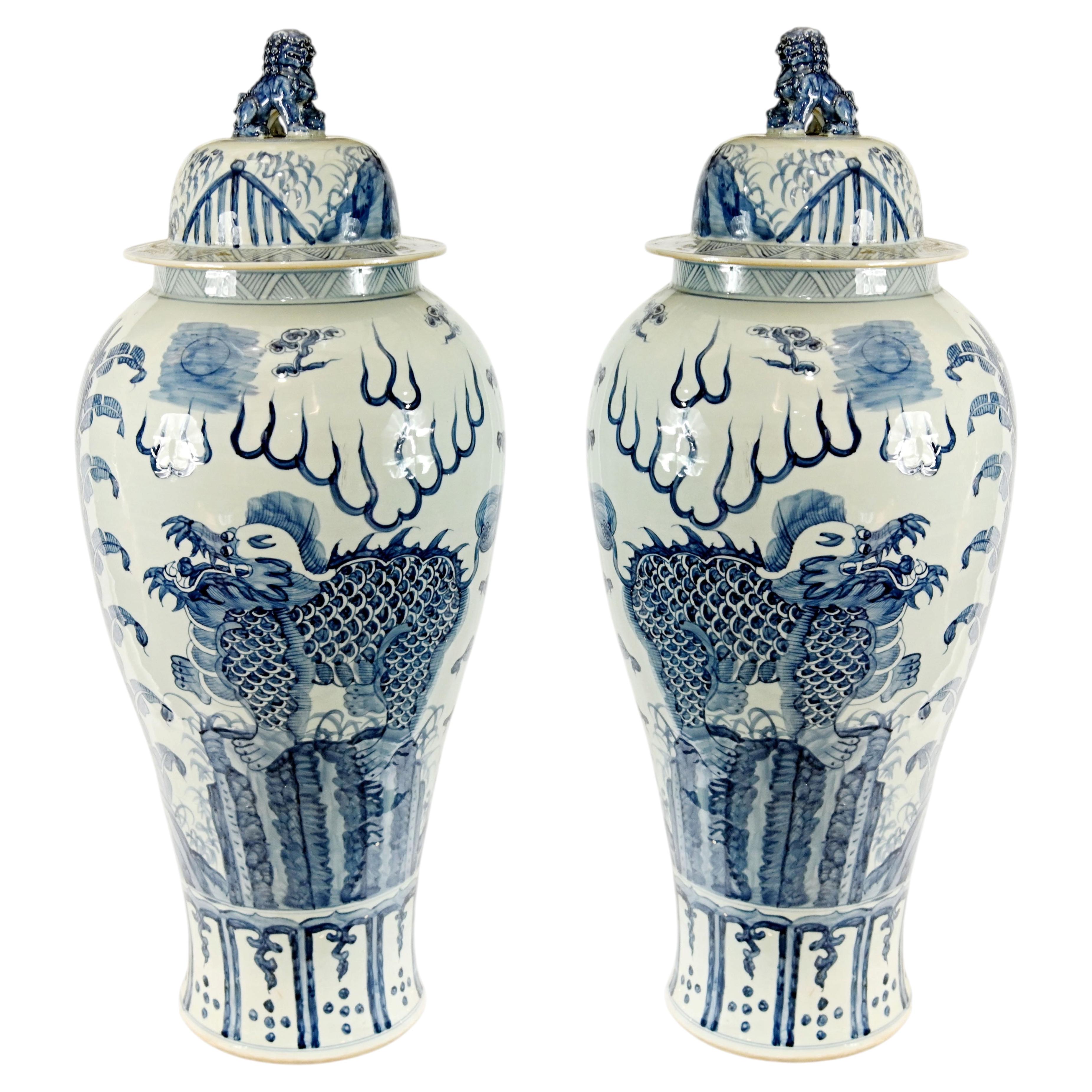 Pair Chinese Blue White Porcelain Lidded Vases Mythical Beast Dragon 4ft 109 For Sale