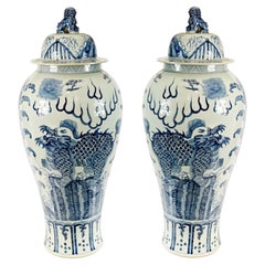 Pair Chinese Blue White Porcelain Lidded Vases Mythical Beast Dragon 4ft 109