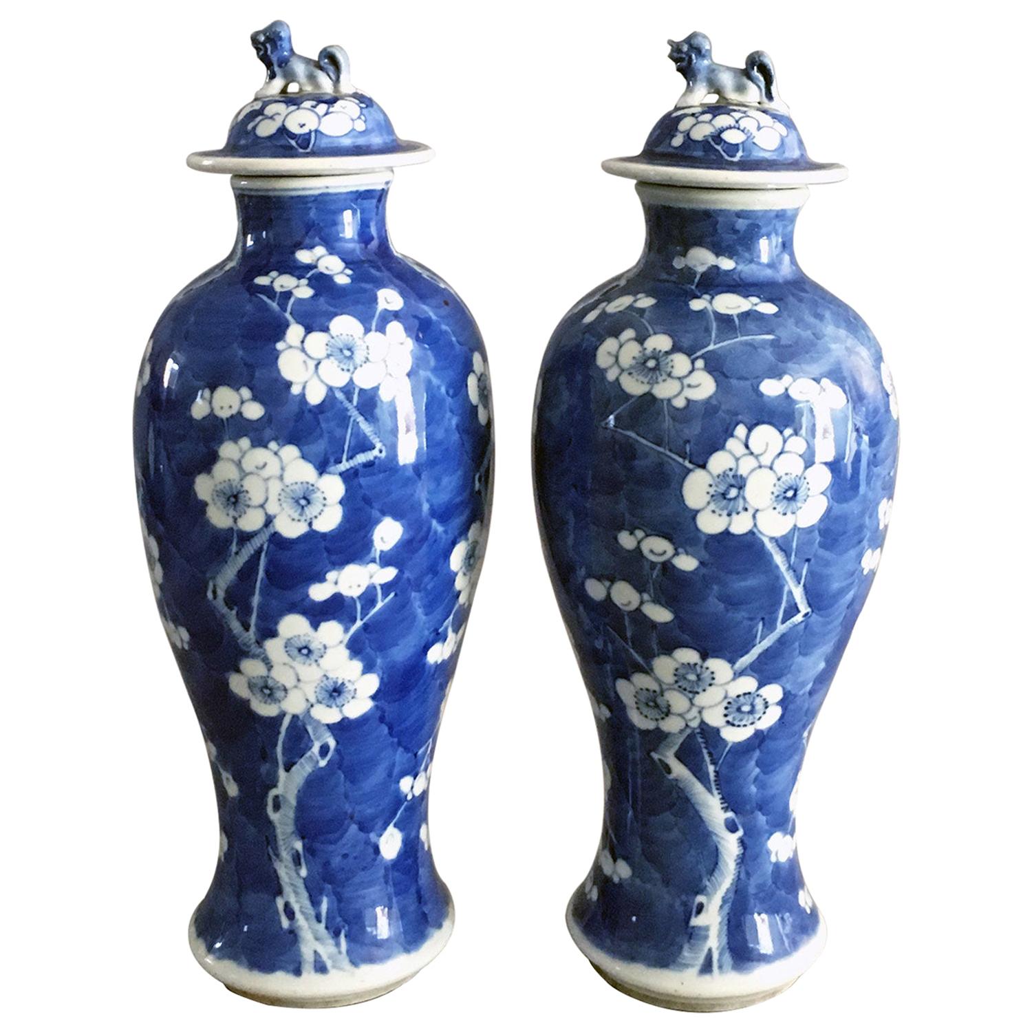 Pair of Chinese Blue and White Prunus Pattern Vases