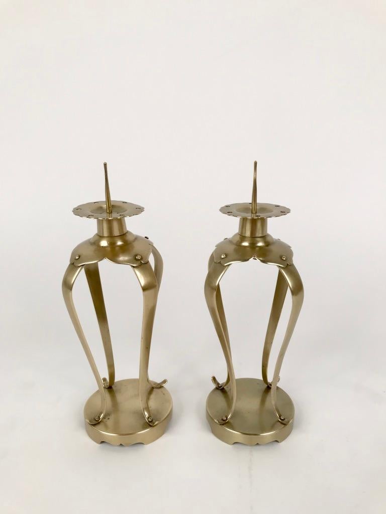 Meiji Pair of Japanese Brass Candlesticks For Sale