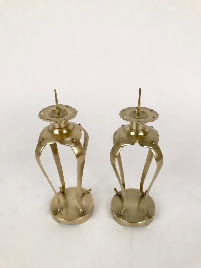 Pair of Japanese Brass Candlesticks In Good Condition For Sale In Stamford, CT
