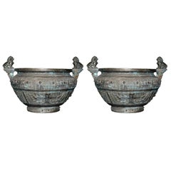 Pair Chinese Bronze Temple Urns