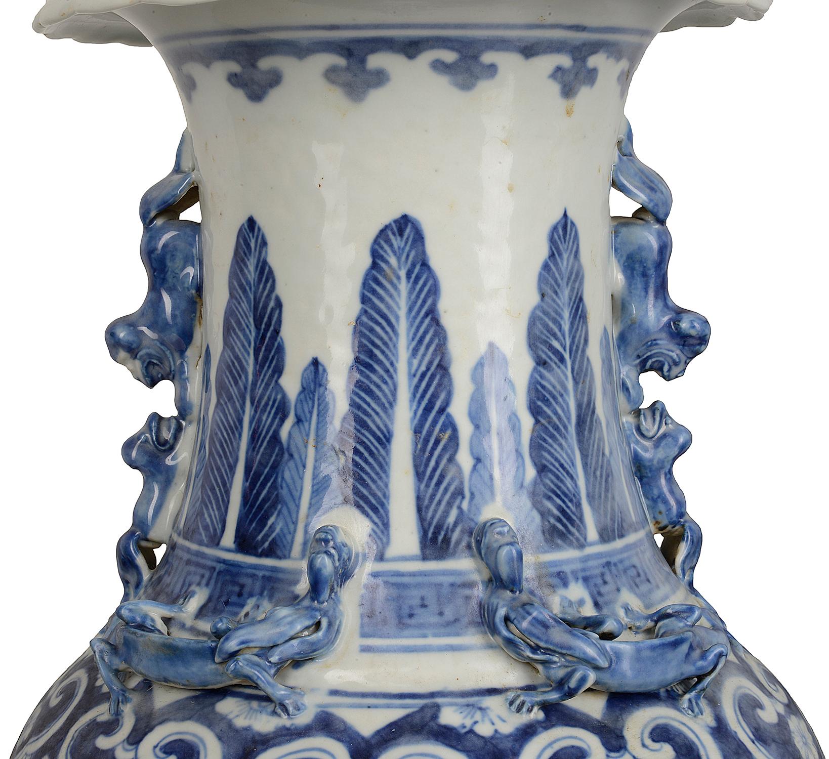 Hand-Painted Pair of Chinese 19th Century Blue and White Vases / Lamps