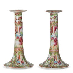Pair of Chinese Canton Export Porcelain Famille Rose Candlesticks, 19th Century