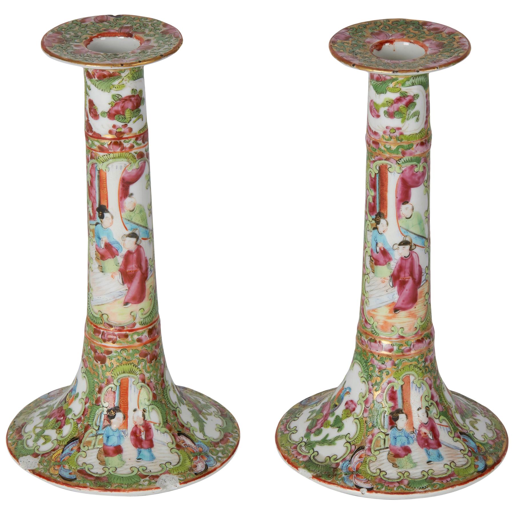 Pair of Chinese Canton Export Porcelain Famille Rose Candlesticks, 19th Century