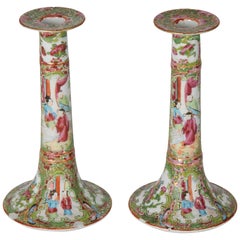 Antique Pair of Chinese Canton Export Porcelain Famille Rose Candlesticks, 19th Century