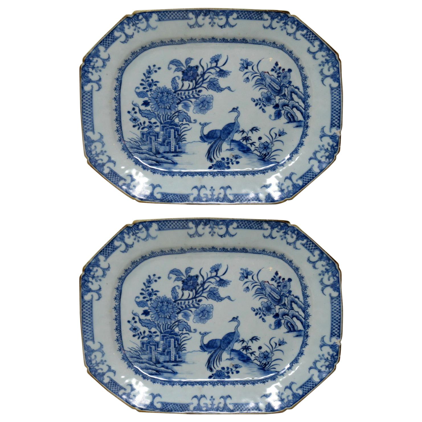 Chinese Canton Porcelain Blue White Plates Chargers Qianlong, 18th Century, Pair
