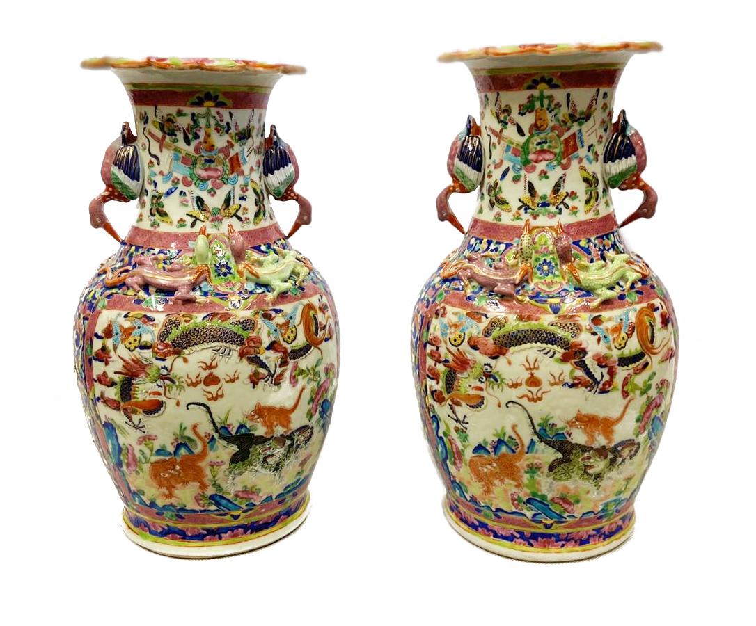 Hand-Painted Pair of Chinese Canton / Rose Medallion Vases / Lamps, 19th Century For Sale
