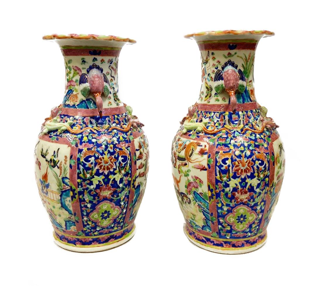 Pair of Chinese Canton / Rose Medallion Vases / Lamps, 19th Century In Good Condition For Sale In Brighton, Sussex