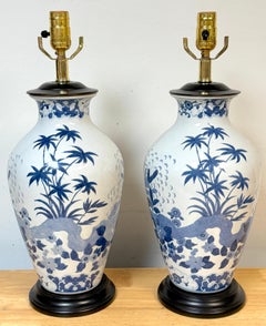 Pair Chinese Canton Style Blue and White Palm Tree Porcelain Vases, Now as Lamps