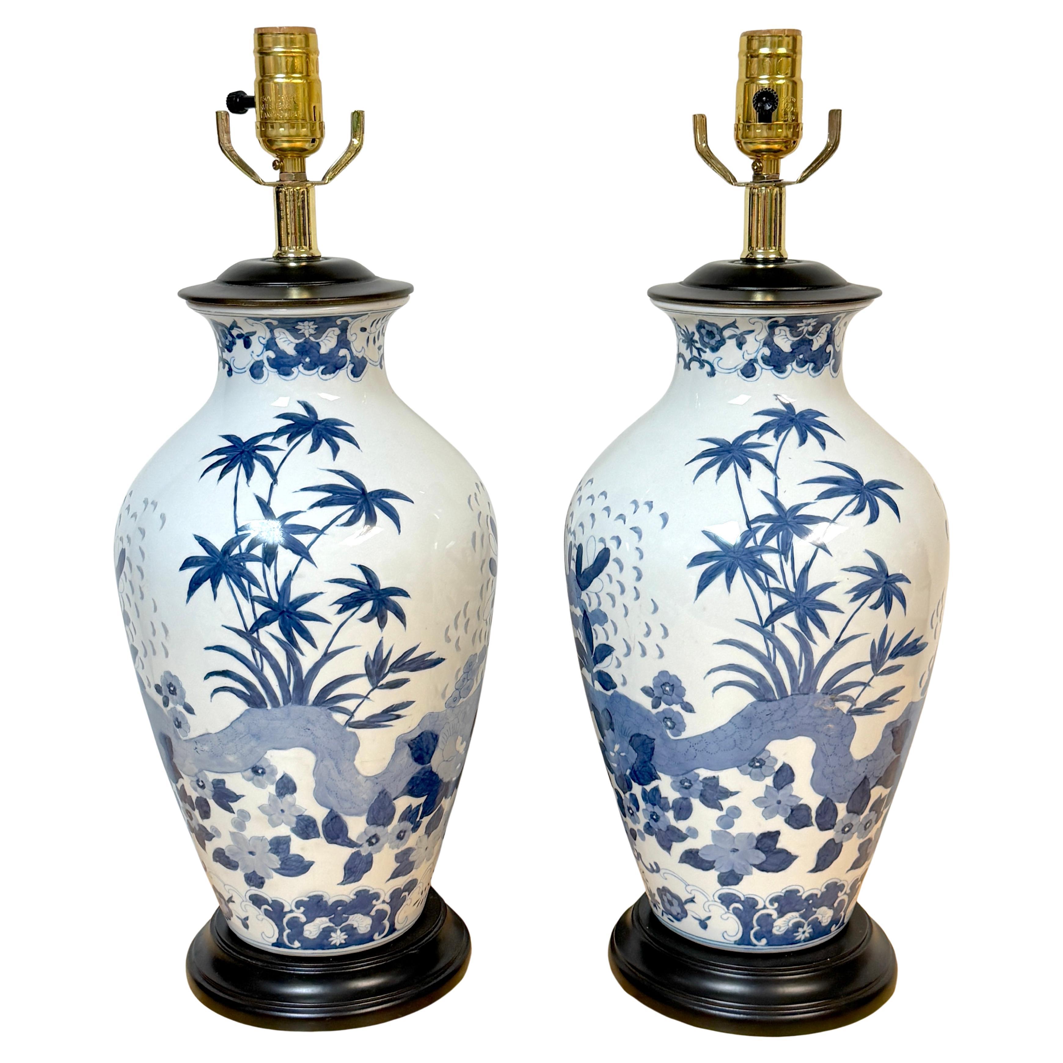 Pair Chinese Canton Style Blue and White Palm Tree Porcelain Vases, Now as Lamps For Sale