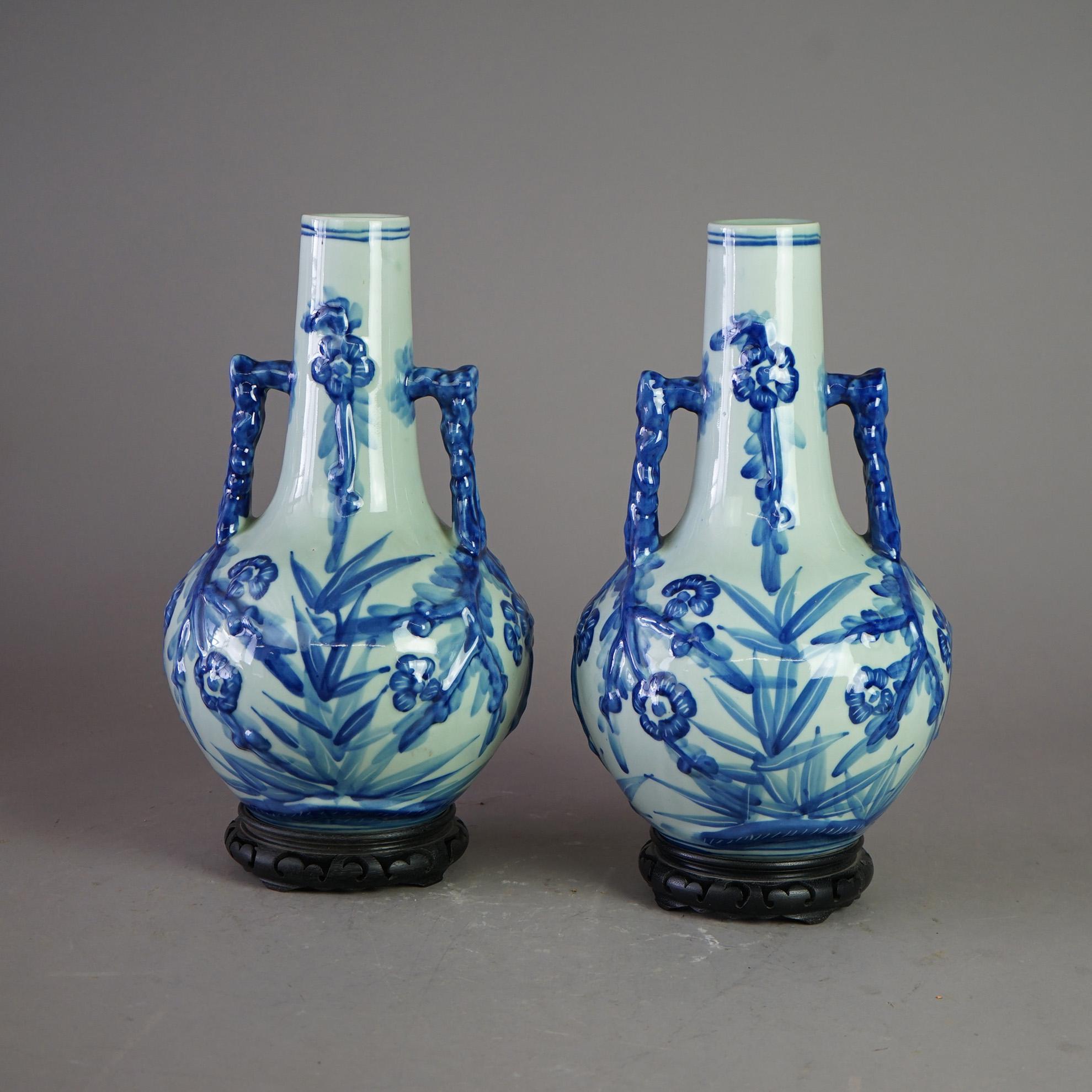 Asian Pair Chinese Canton Style Porcelain Blue Glazed Bottle Vases 20th C For Sale
